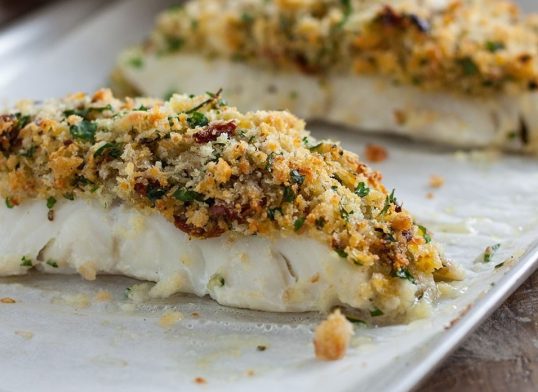 Herb crusted roast cod
