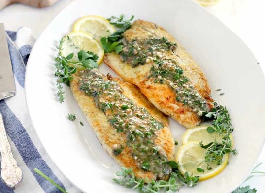Pan Fried Sea Bass with Lemon Garlic Herb Sauce