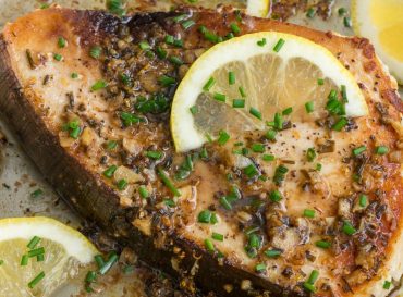 Pan-Seared Lemon Garlic Swordfish in a Skillet