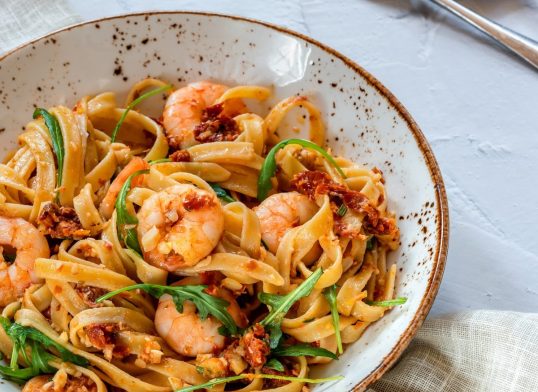 Tiger prawns in tomato, chilli and almond pesto