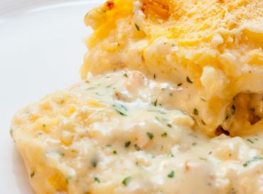 Close-up of a fish pie on a white plate