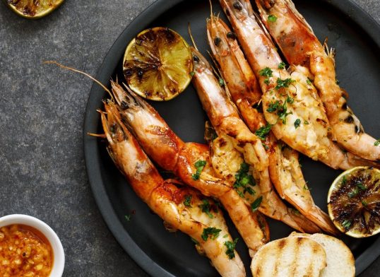 Grilled butterflied prawns