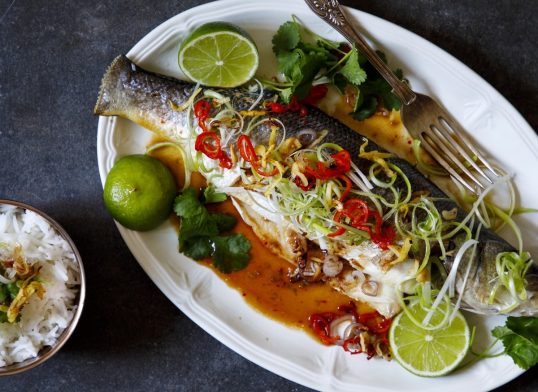 Baked sea bass with Thai spices