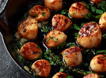 Scallops seared in garlic and parsley butter served in cast iron skillet