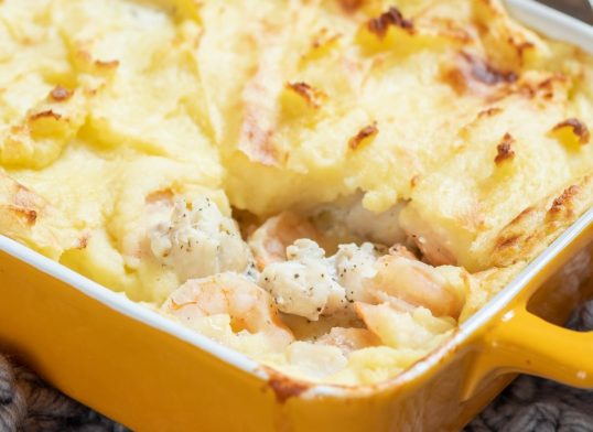 Fish pie topped with mashed potato