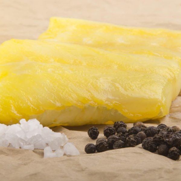 smoked cod with coarse salt and pepper