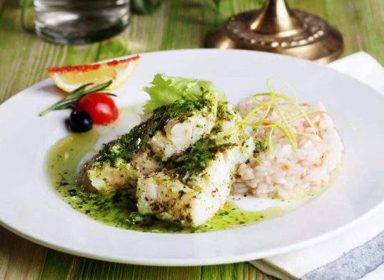 hake with basil and pine nut pesto