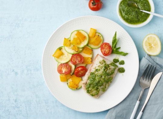hake with pesto and tomatoes