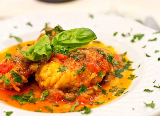 monkfish with tomato and basil sauce