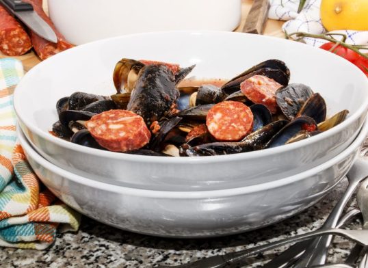 mussels and chorizo in tomato broth