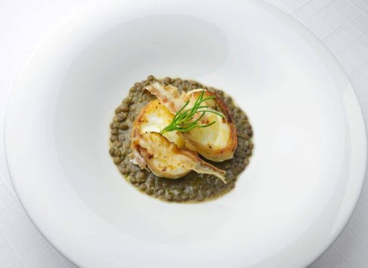 monkfish with bacon and lentils