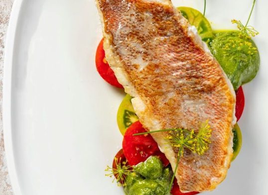 poached mullet with tomato basil sauce