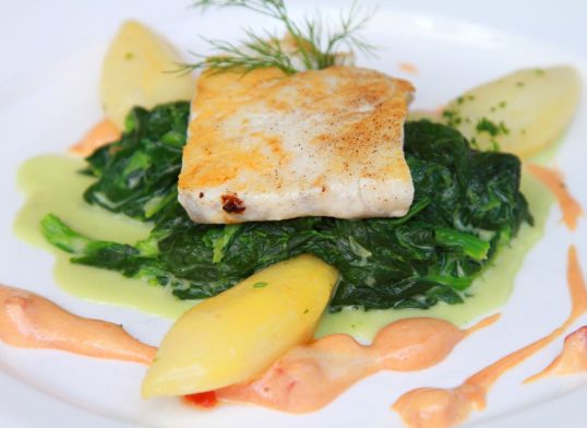 sea bream with spinach and bacon