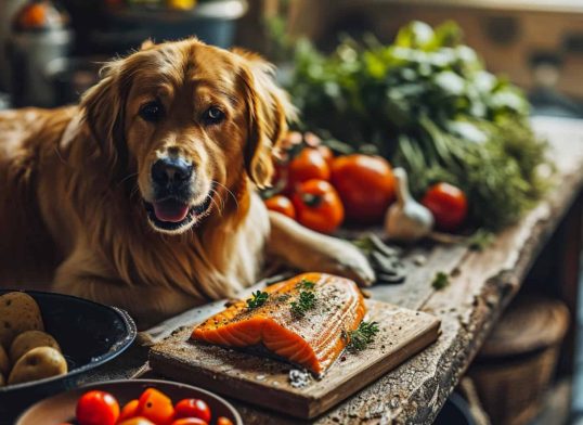 001 dog enjoying salmon and vegetables in serene scene 0 0