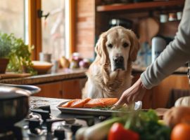 001 pet owner researching fish nutrition while dog watches 0 0