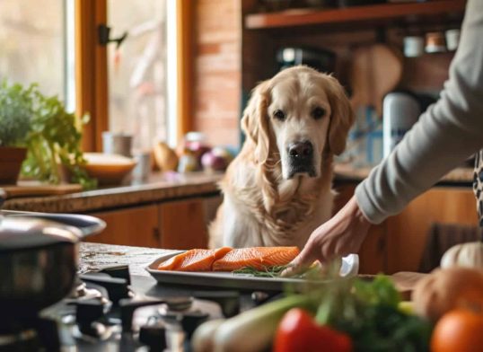 001 pet owner researching fish nutrition while dog watches 0 0