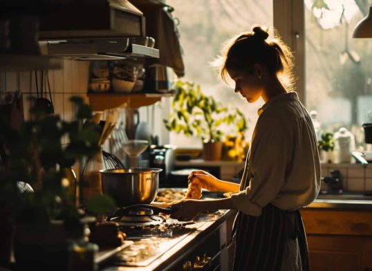 001 woman preparing fish recipes for cat in home kitchen 0 0
