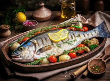 baked seabass with lemon and greenery in seafood restaurant. ai generative