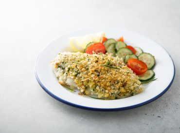 white fish fillet with garlic crumbs and rosemary
