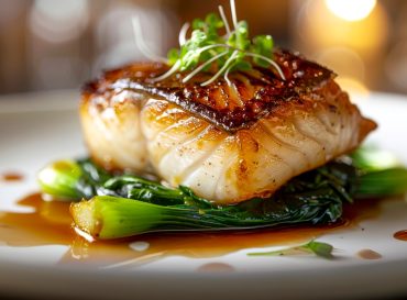 golden glazed black cod on bed of pak choi in michelin star restaurant
