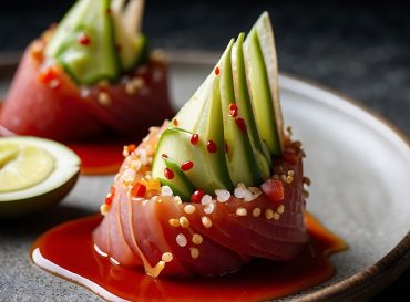 salmon tartare with avocado, guacamole and sesame seeds