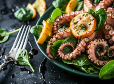 exquisite octopus carpaccio: a citrus spinach salad with pesto balsamic dressing