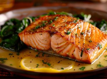 perfectly pan seared salmon with crispy skin and lemon butter sauce,served on a wooden table with