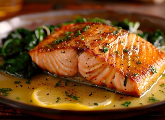perfectly pan seared salmon with crispy skin and lemon butter sauce,served on a wooden table with