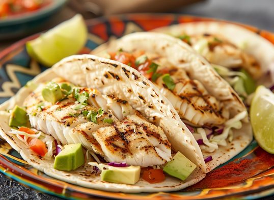 mexican fish tacos with grilled tilapia, topped with cabbage slaw, avocado, and lime crema, served on a colorful plate with a side of salsa and lime wedges
