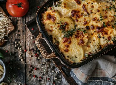 a creamy potato gratin or casserole topped with a tomato cheese crust, ham, and leek. fall and winter rustic recipe