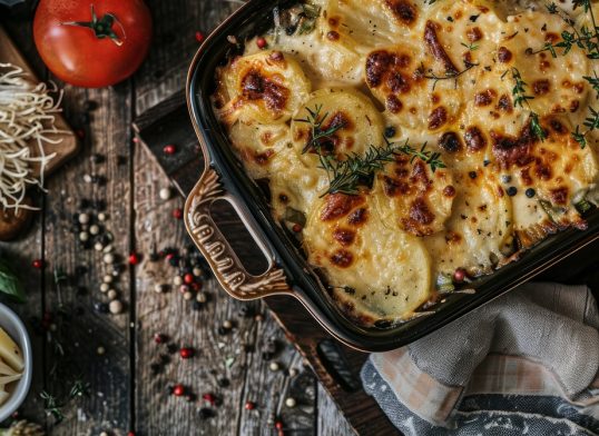 a creamy potato gratin or casserole topped with a tomato cheese crust, ham, and leek. fall and winter rustic recipe