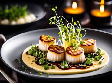 gourmet seared scallops creamy cauliflower puree plating, seafood, restaurant, presentation, appetizer, meal, cooking, chef, tasty, recipe, cuisine, organic