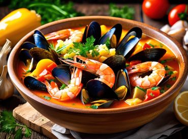 vibrant flavorful bouillabaisse bowl filled fresh aromatic colorful vegetables served rustic presentation, seafood, herbs, soup, fish, shrimp, mussels, clams,